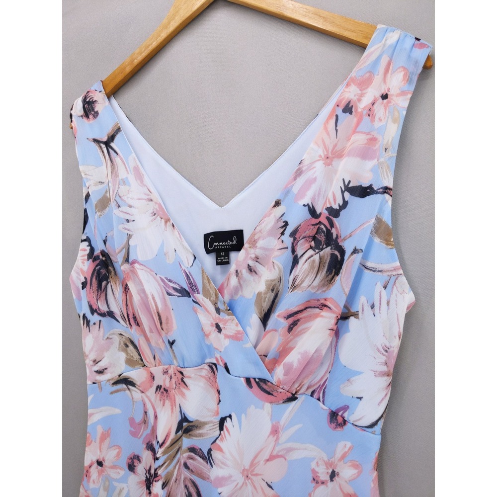 vtg Y2K Connected Apparel Floral Midi Dress Sz 12 Blue Pink Handkerchief Hem - Picture 2 of 9